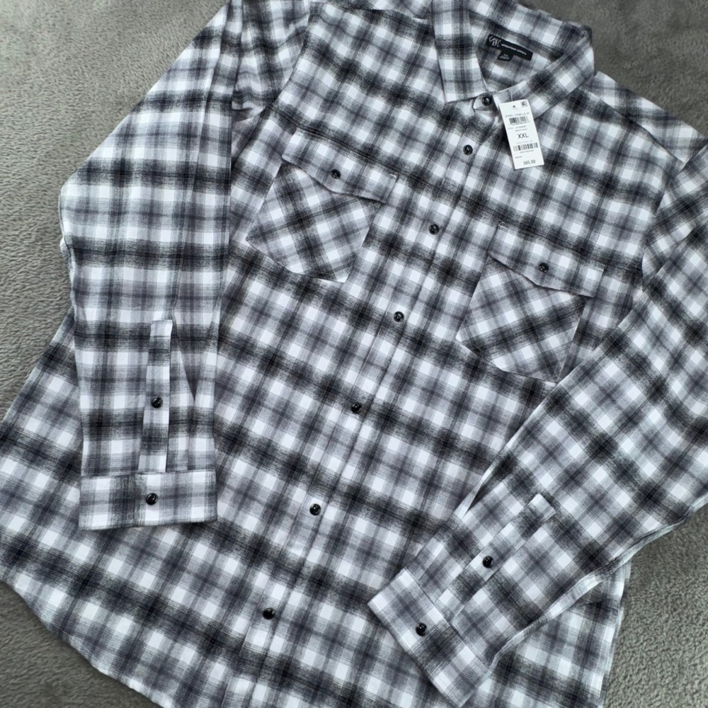INC International Concepts Plaid Shirt Mens XXL White Black NWT Long Sleeve Flap